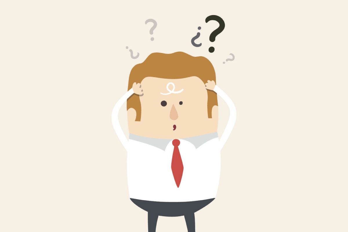 Caricatura de un hombre de negocios con sus manos en la cabeza y signos de interrogación sobre él.