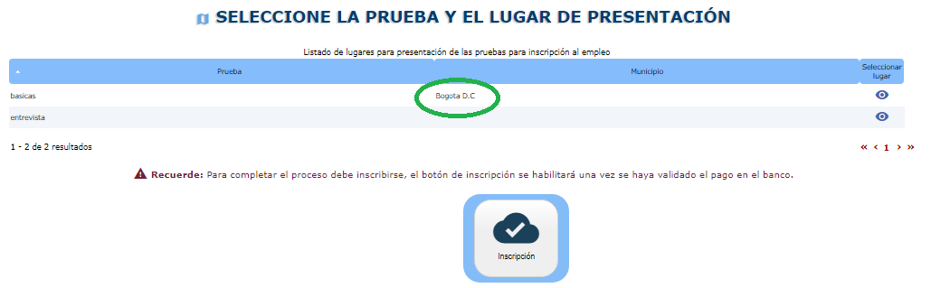 seleccion lugar de presentación prueba